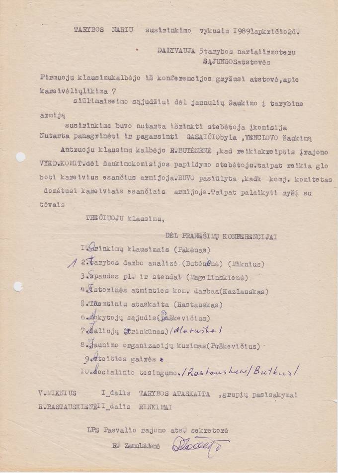 LPS Pasvalio rajono tarybos narių susirinkimo, vykusio 1989 m. lapkričio 2 d., protokolas